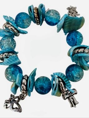🛳️Blue Turquoise Shell Charm Stretch Bracelet - Handmade